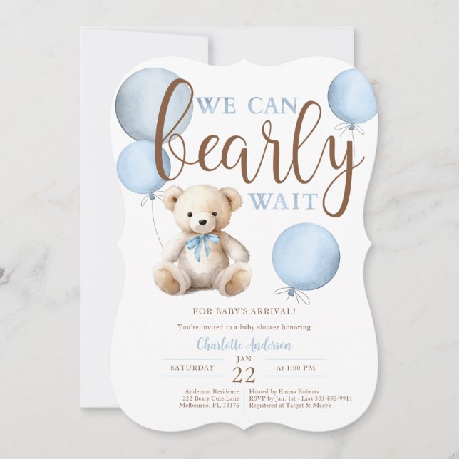 Bearly Wait Blue Balloon Teddy Bear Baby Shower Invitation (Front)