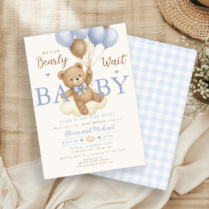 Bearly wait blue bear balloon boy baby shower invitation