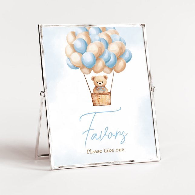 Bearly Wait Blue Hot Air Balloon Baby Favours Poster (Boy Baby Bear Balloons Baby Shower Favors Sign)