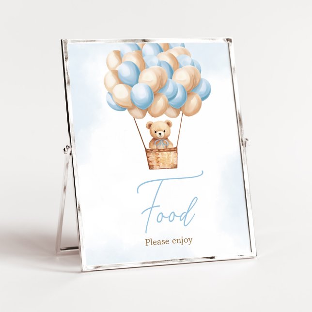Bearly Wait Blue Hot Air Balloon Baby Shower Food Poster (Boy Baby Bear Balloons Baby Shower Food Sign)