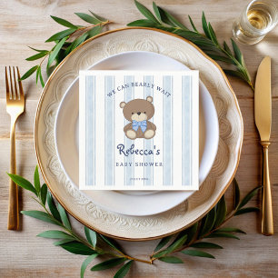 Bearly wait blue retro stripes vintage baby shower napkin