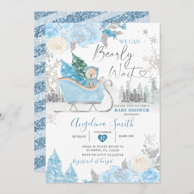 Bearly Wait Blue Snowflake Floral Baby Shower Invitation (Front/Back)