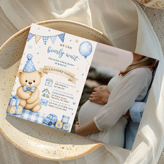 Bearly Wait Blue Teddy Bear Baby Shower Photo Invitation