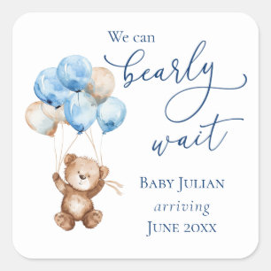 Bearly Wait Blue Teddy Bear Baby Shower Square Sticker