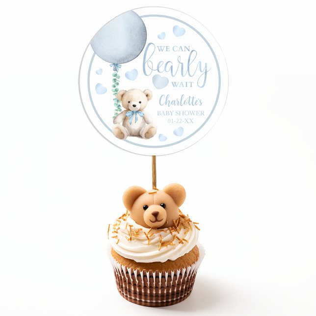 Bearly Wait Blue Teddy Bear Baby Shower Sticker (Blue Baby Shower Favor Sticker)