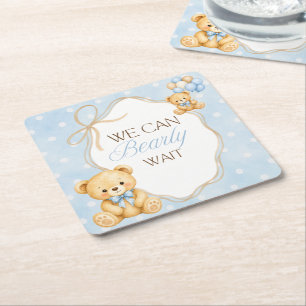 Bearly Wait Blue Teddy Bear Boy Baby Shower Square Paper Coaster