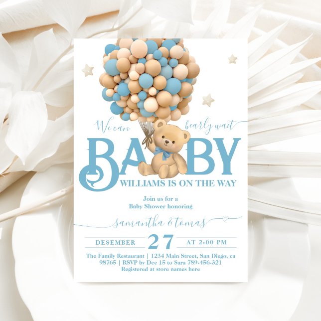 Bearly Wait Boho Blue Balloon Baby Boy Shower Invitation (Creator Uploaded)