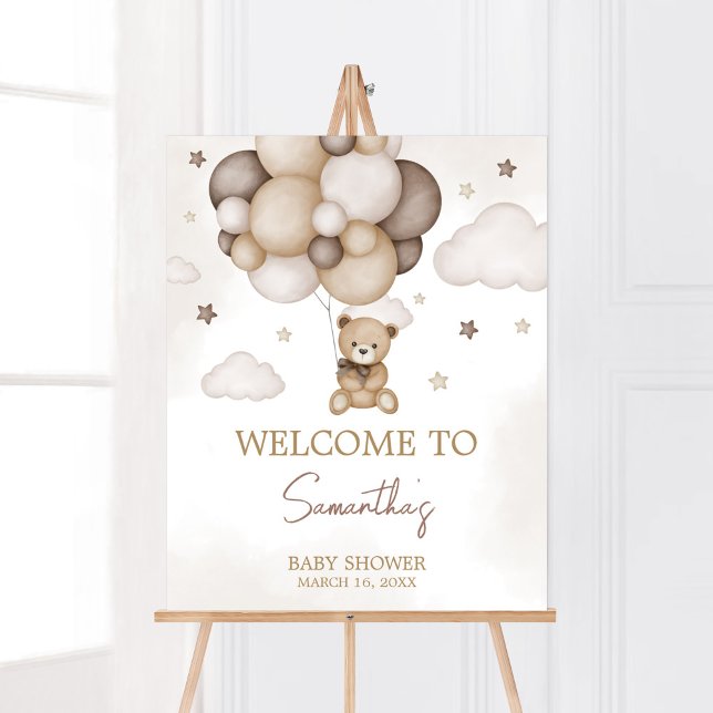 Bearly Wait Brown Balloon Welcome Poster (Boho Brown Bear Baby Shower Welcome Sign)