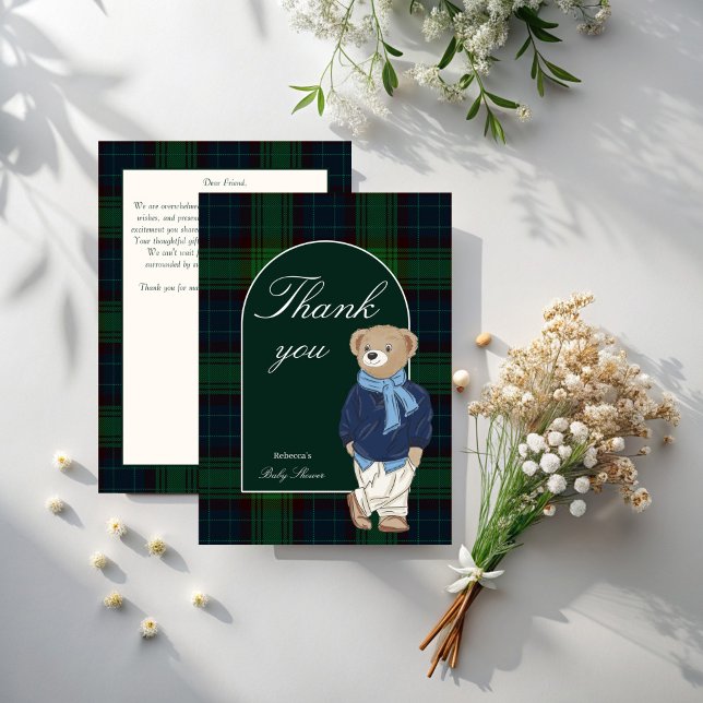 Bearly wait classic plaid baby shower thank you card (Bearly wait classic plaid teddy bear baby shower thank you cards)