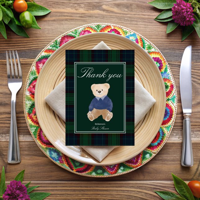 Bearly wait classic plaid baby shower thank you card (Bearly wait classic green plaid polo teddy bear baby shower thank you cards)