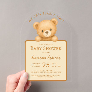 Bearly Wait Cute Brown Teddy Bear Baby Shower Acrylic Invitations