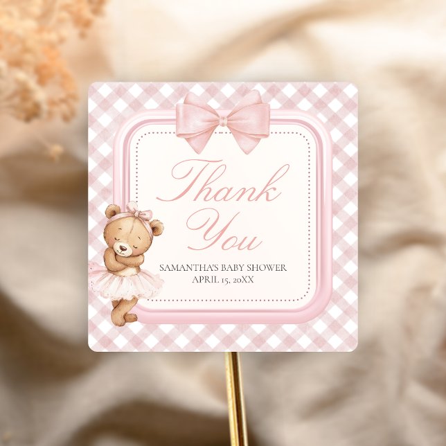 Bearly Wait Elegant Bear Baby Shower Square Sticker (Pink Bear Baby Shower Sticker)