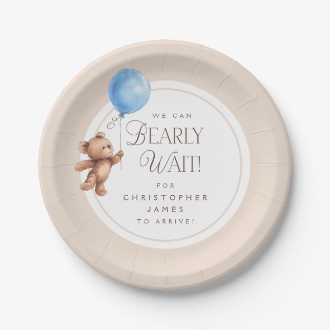 Bearly Wait Elegant Personalised Bear Baby Shower Paper Plate (Front)