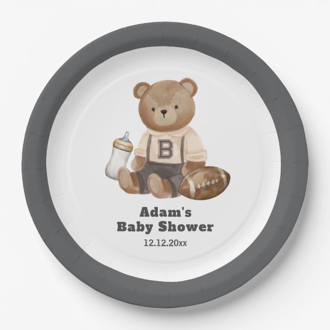 Bearly Wait Football Sport Boy Baby Shower  Paper Plate (Front)