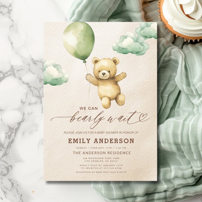 Bearly Wait Gender Neutral Green Baby Shower Invitation (Creator Uploaded)