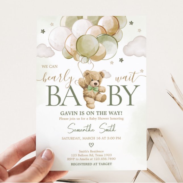 Bearly Wait Green Balloon Baby Shower Invitation (Gender Neutral Bear Balloons Baby Shower Invitation)