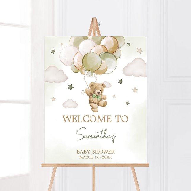 Bearly Wait Green Balloon Welcome Poster (Gender Neutral Bear Balloons Baby Shower Welcome Sign)