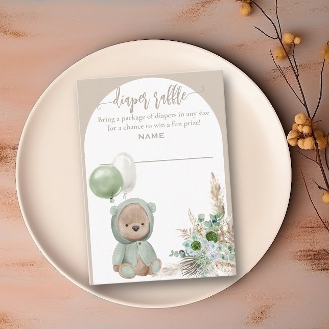 Bearly Wait Green Boho Bear Diaper Raffle Enclosure Card (Creator Uploaded)