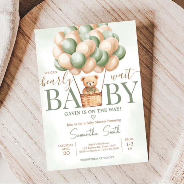 Bearly Wait Green Hot Air Balloon Baby Shower Invitation (Gender Neutral Baby Bear Balloons Baby Shower Invitation)