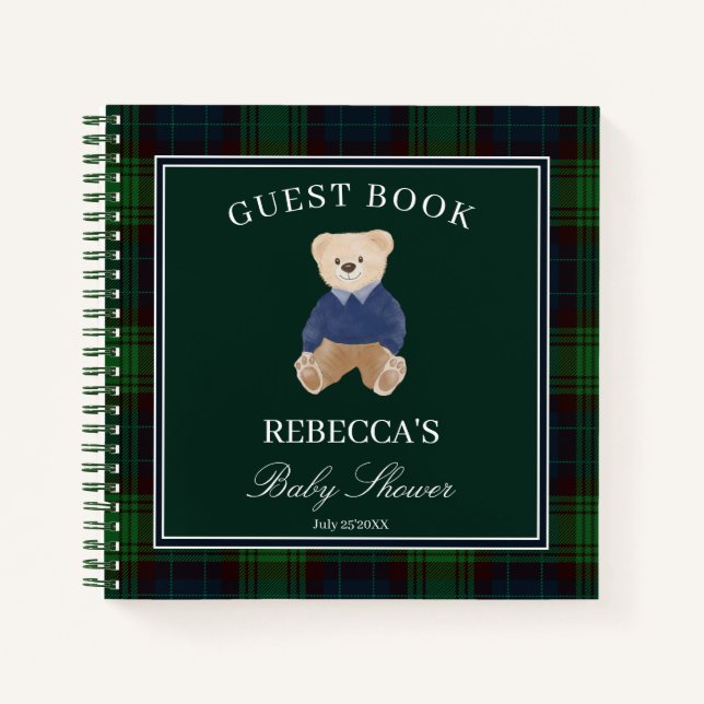 Bearly wait green plaid baby shower guest book (Front)