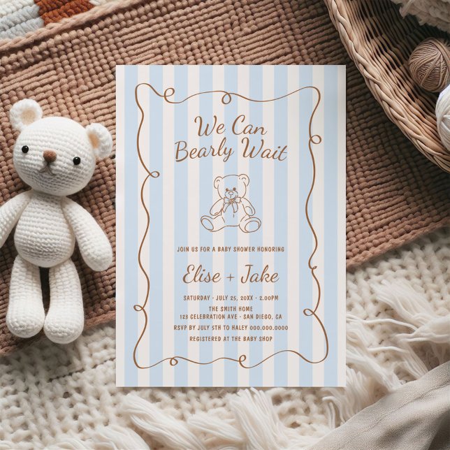 Bearly Wait Hand Drawn Blue Stripes Baby Shower Invitation (Creator Uploaded)