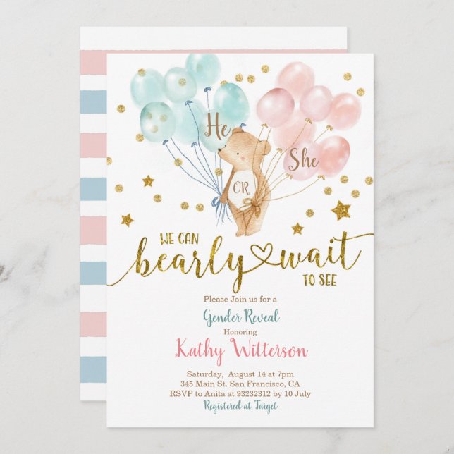 Bearly Wait He or She Gender Reveal Baby Shower Invitation (Front/Back)