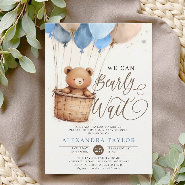 Bearly Wait Hot Air Balloon Art Baby Boy Shower Invitation (bearly wait baby shower invitation boy blue brown hot air balloons calligraphy watercolor bear)