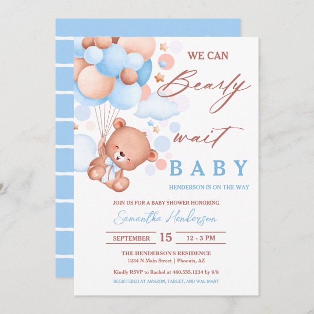 Bearly Wait Hot Air Balloon Baby Shower Blue Boy Invitation (Front/Back)