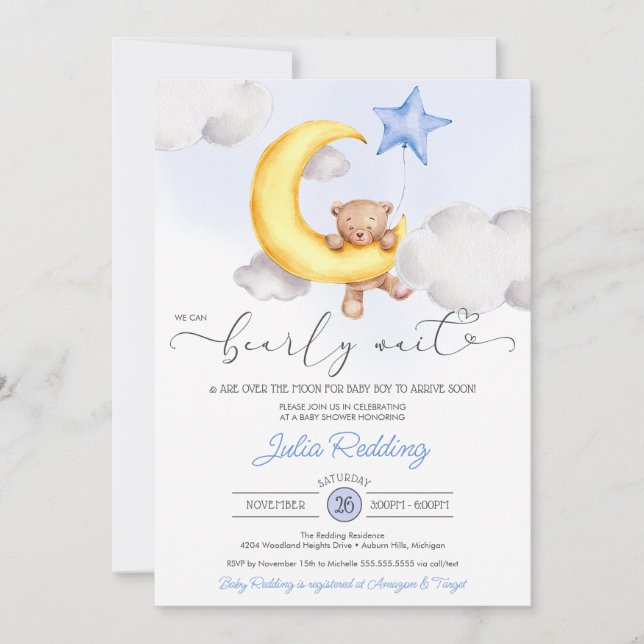 Bearly Wait Moon & Star Teddy Bear Boy Baby Shower Invitation (Front)