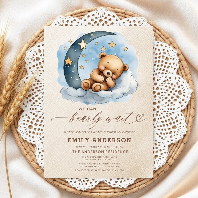 Bearly Wait Neutral Beige & Blue Boy Baby Shower Invitation (Creator Uploaded)