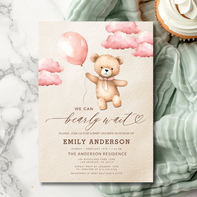 Bearly Wait Neutral Beige & Pink Girl Baby Shower Invitation (Creator Uploaded)