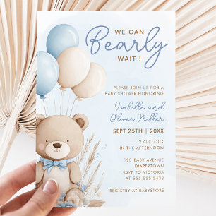 Bearly Wait Neutral Blue and White Baby Shower Invitation