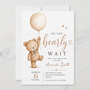Bearly Wait Neutral Teddy Bear Balloon Baby Shower Invitation