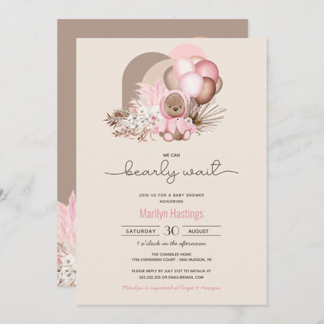 Bearly Wait Pink Boho Teddy Bear Girl Baby Shower  Invitation (Front/Back)