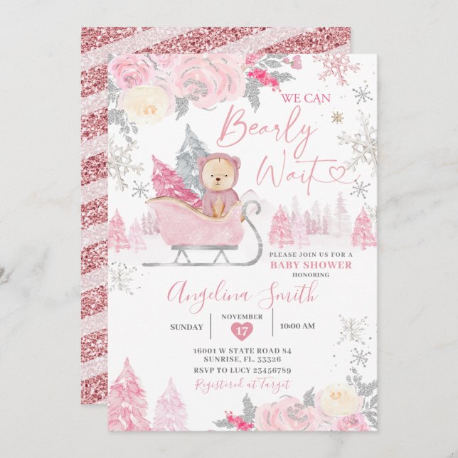 Bearly Wait Pink Snowflake Floral Baby Shower Invitation (Front/Back)