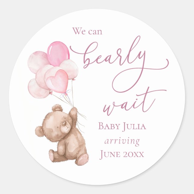 Bearly Wait Pink Teddy Bear Baby Shower Classic Round Sticker (Front)