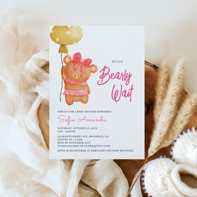 Bearly Wait Pink Teddy Bear Baby Shower Invitation (Creator Uploaded)