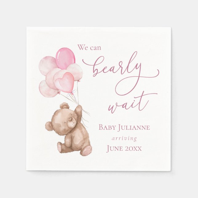 Bearly Wait Pink Teddy Bear Baby Shower Napkin (Front)