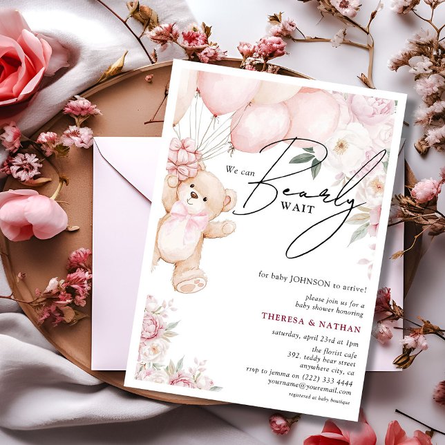 Bearly Wait Pink Teddy & Florals Girl Baby Shower Invitation (Creator Uploaded)