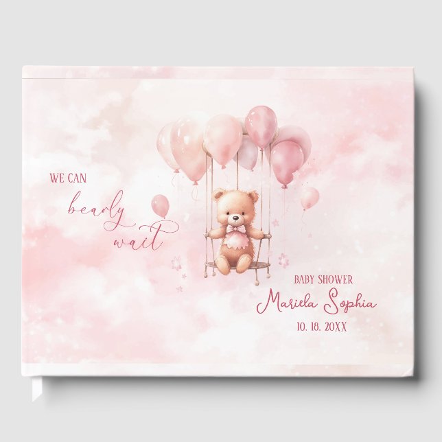 Bearly Wait Pink Watercolor Baby Shower Guest Book (Front)