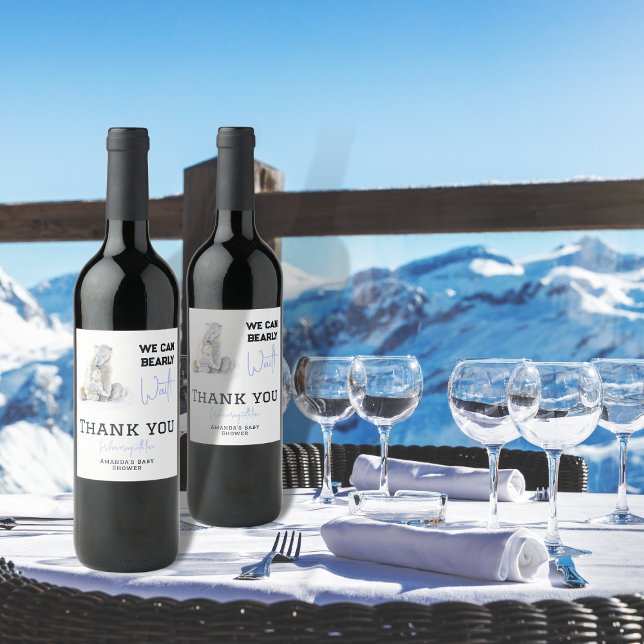 Bearly Wait Polar Bear Blue Boy Winter Baby Shower Wine Label (Creator Uploaded)