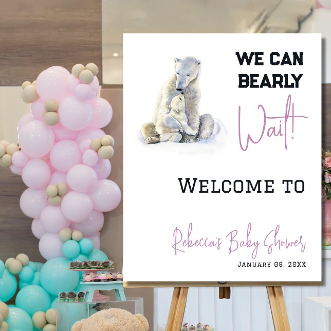 Bearly Wait Polar Bear Pink Winter Baby Shower Poster (Creator Uploaded)