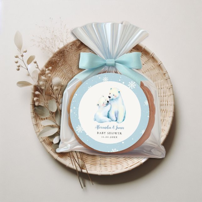 Bearly Wait Polar Mama Bear Cub Baby Boy Shower Classic Round Sticker (winter boy baby shower bearly wait polar bear mama cub watercolor cute adorable love sticker)
