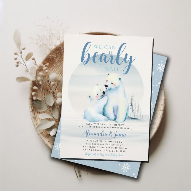 Bearly Wait Polar Mama Bear Cub Baby Boy Shower Invitation (we can bearly wait baby boy shower invitation winter polar mama bear cub cute sweet animal blue ice)