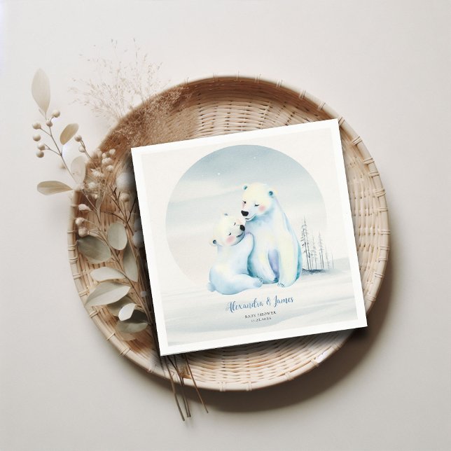 Bearly Wait Polar Mama Bear Cub Baby Boy Shower Napkin (winter boy baby shower bearly wait polar bear mama cub watercolor cute adorable love napkin custom)