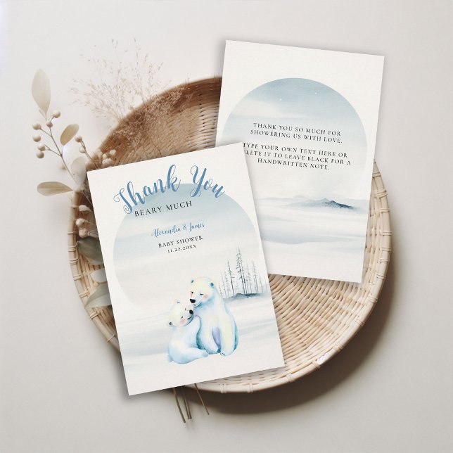 Bearly Wait Polar Mama Bear Cub Baby Boy Shower Thank You Card (winter boy baby shower bearly wait polar bear mama cub watercolor cute adorable thank you card)