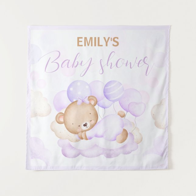 Bearly Wait Purple Girl Baby shower Backdrop Tapestry (Front)