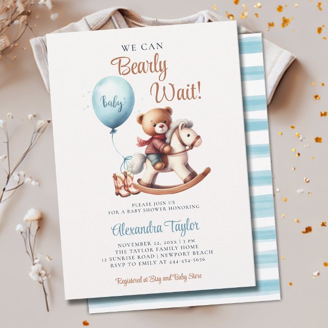 Bearly Wait Rocking Horse Cowboy Baby Boy Shower Invitation (we can bearly wait baby boy shower invitation teddy bear cute rocking chair lil cowboy western brown)