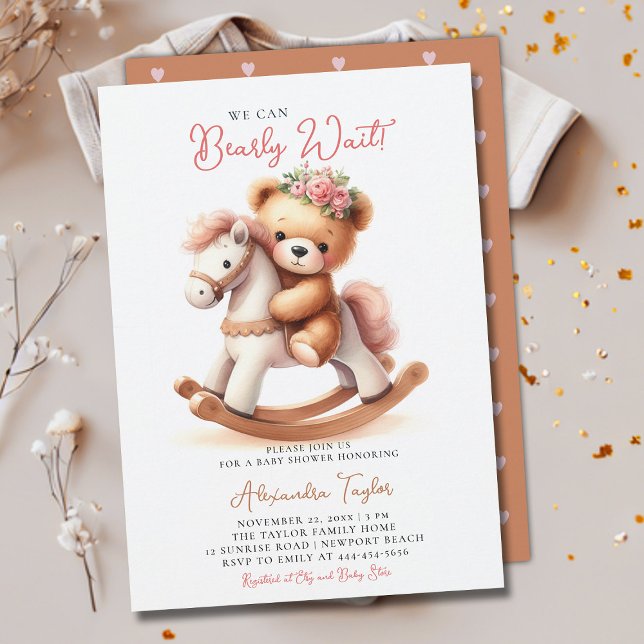 Bearly Wait Rocking Horse Roses Baby Girl Shower Invitation (we can bearly wait baby girl shower invitation teddy bear cute rocking chair cowgirl western roses)