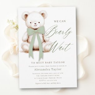 Bearly Wait Sage Bow Teddy Bear Modern Baby Shower Invitation